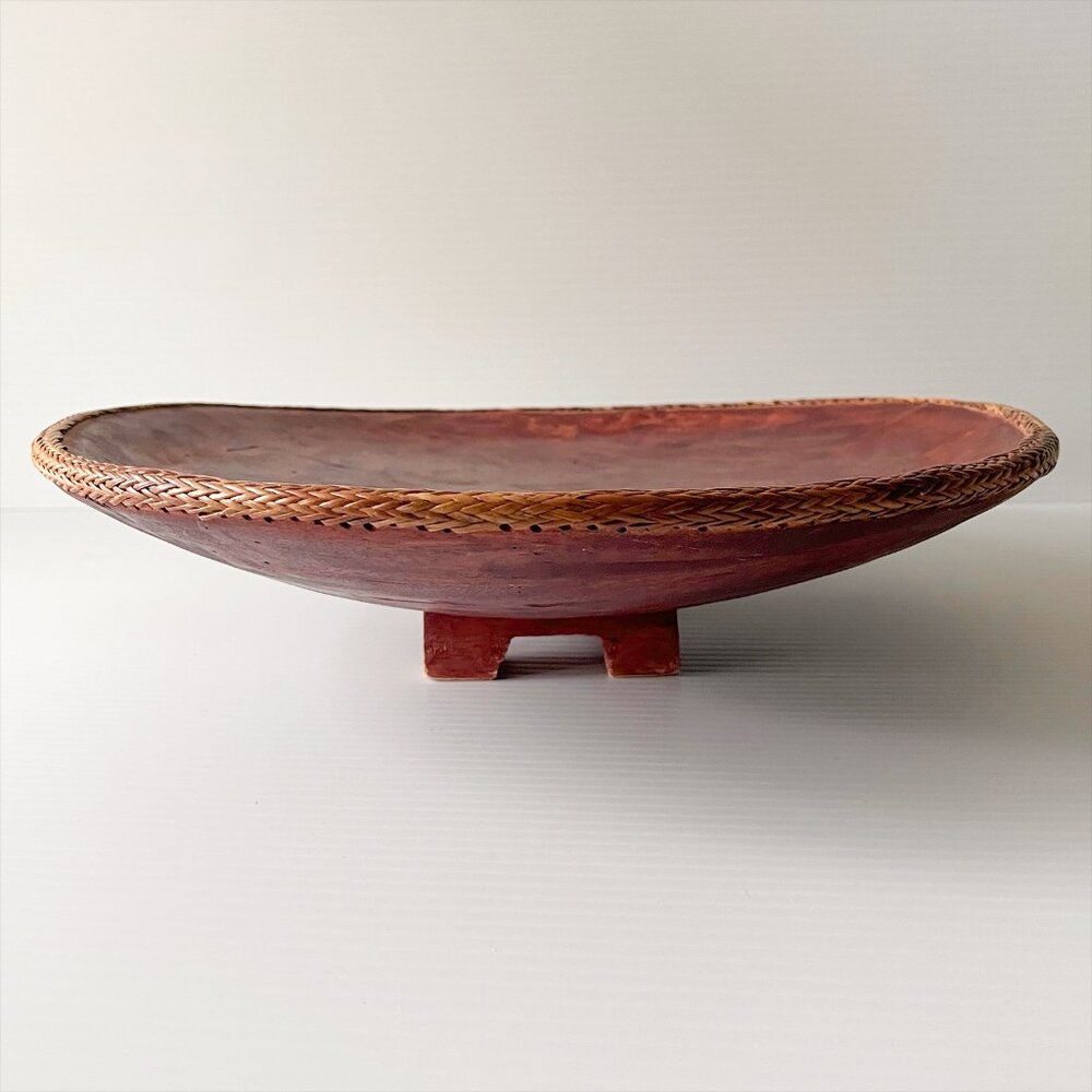 Vintage Handmade Wooden Tray Centerpiece Woven Trim Rustic Wood Bowl 13.5"